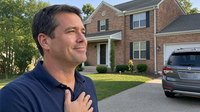 Father looking at his home with relief after securing life insurance